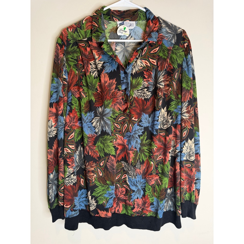 Top Notch Vintage Leaf Print Pullover Blouse Women's M Retro Button Neck Top - Picture 2 of 7